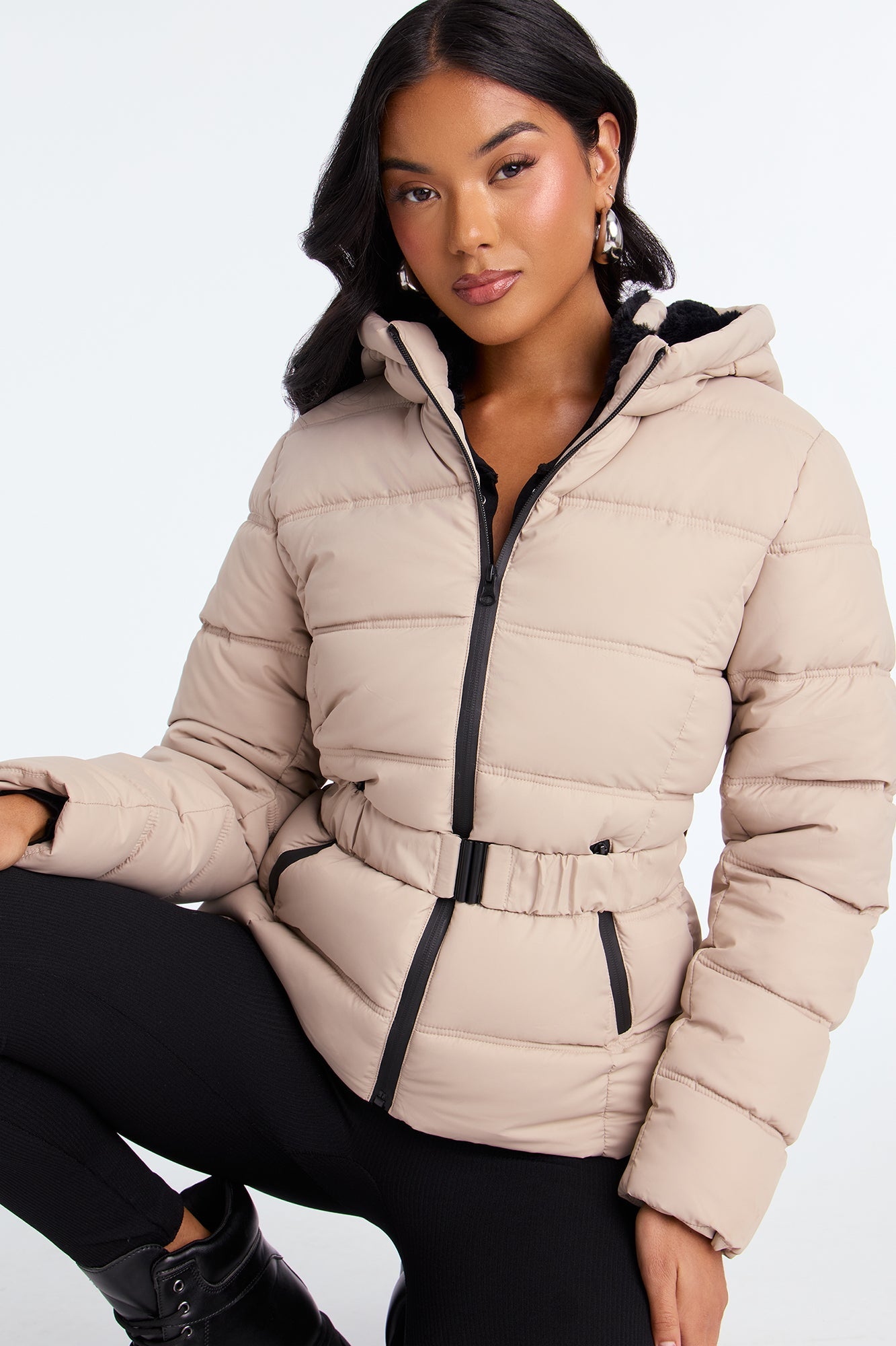 Bundled Up Belted Puffer Coat - Taupe