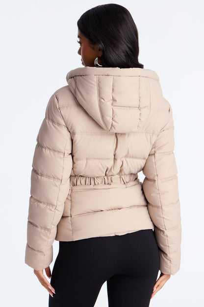 Bundled Up Belted Puffer Coat - Taupe