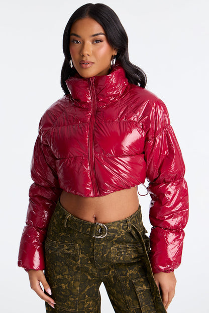 Zora Faux Patent Leather Cropped Puffer Jacket - Burgundy