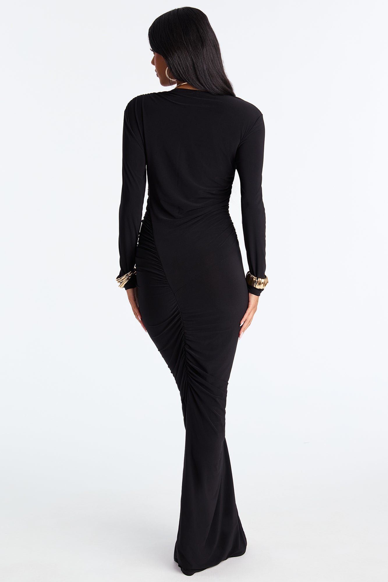 Keep Calling Ruched Long Sleeve Maxi Dress - Black