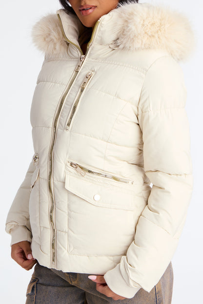 Trip To Aspen Fur Hooded Puffer Jacket - Pearl