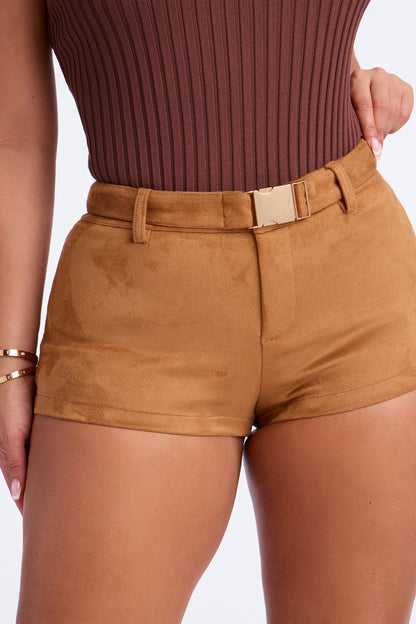 Paige Belted Low Rise Faux Suede Micro Short - Camel