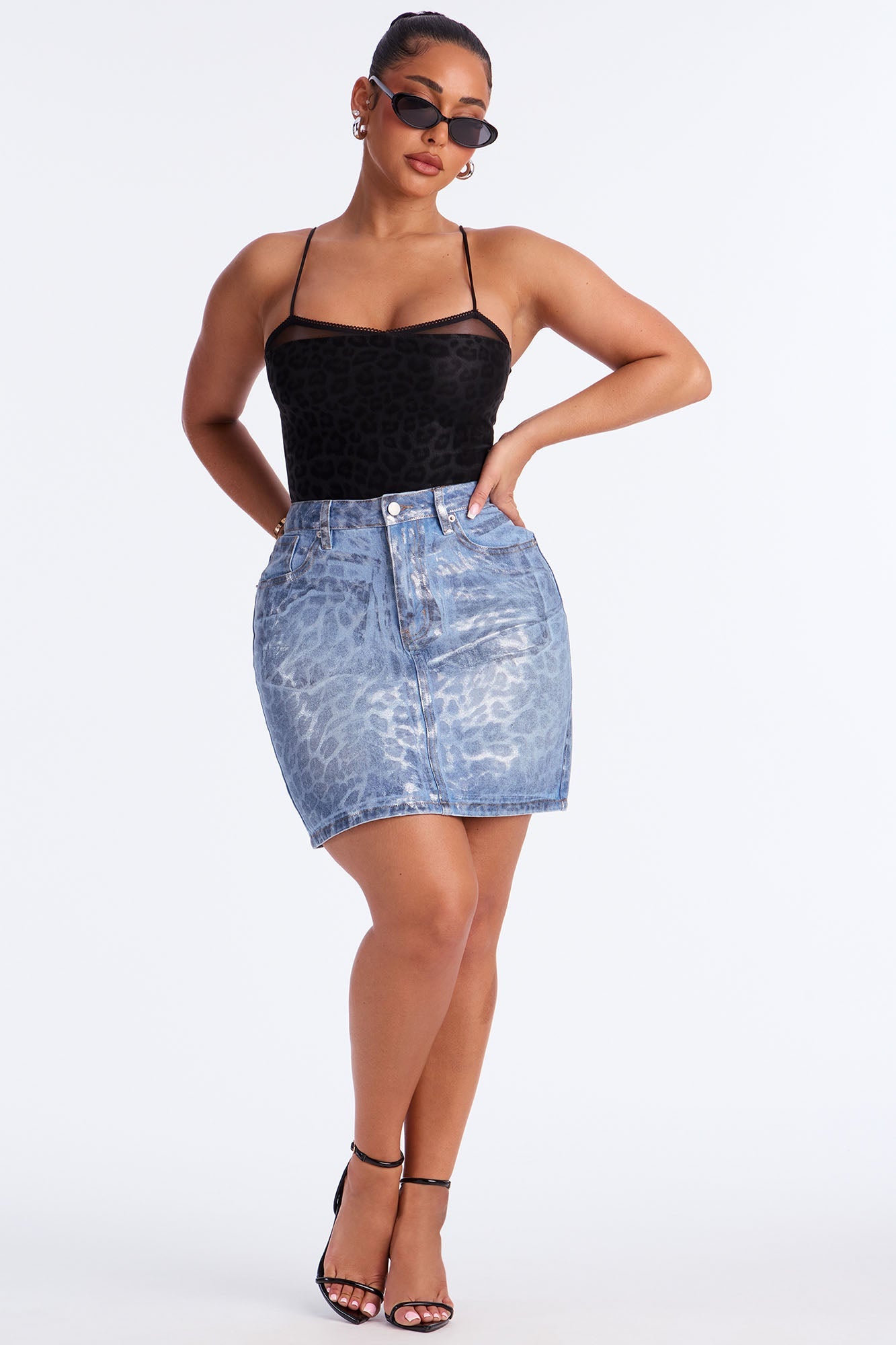 Kiara Metallic Coated Leopard Midi Pencil Skirt - Leopard