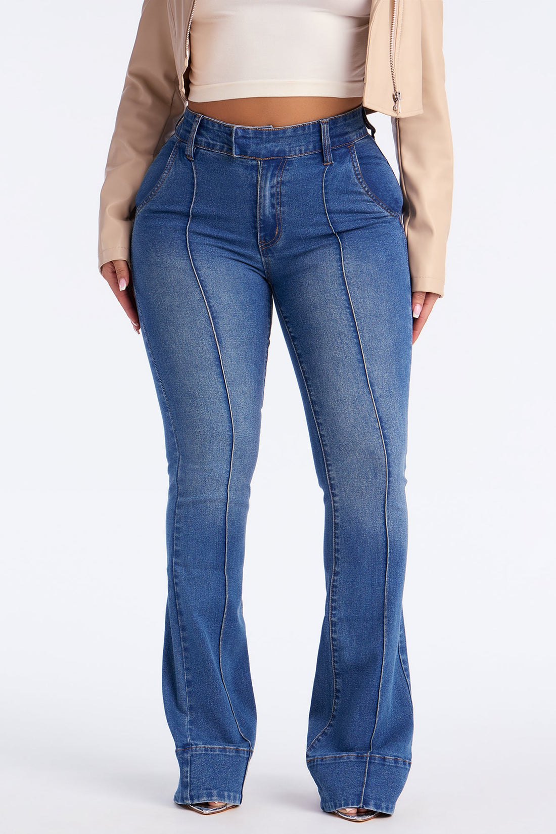 Crush On You Pintuck Flare Jeans - Medium Wash
