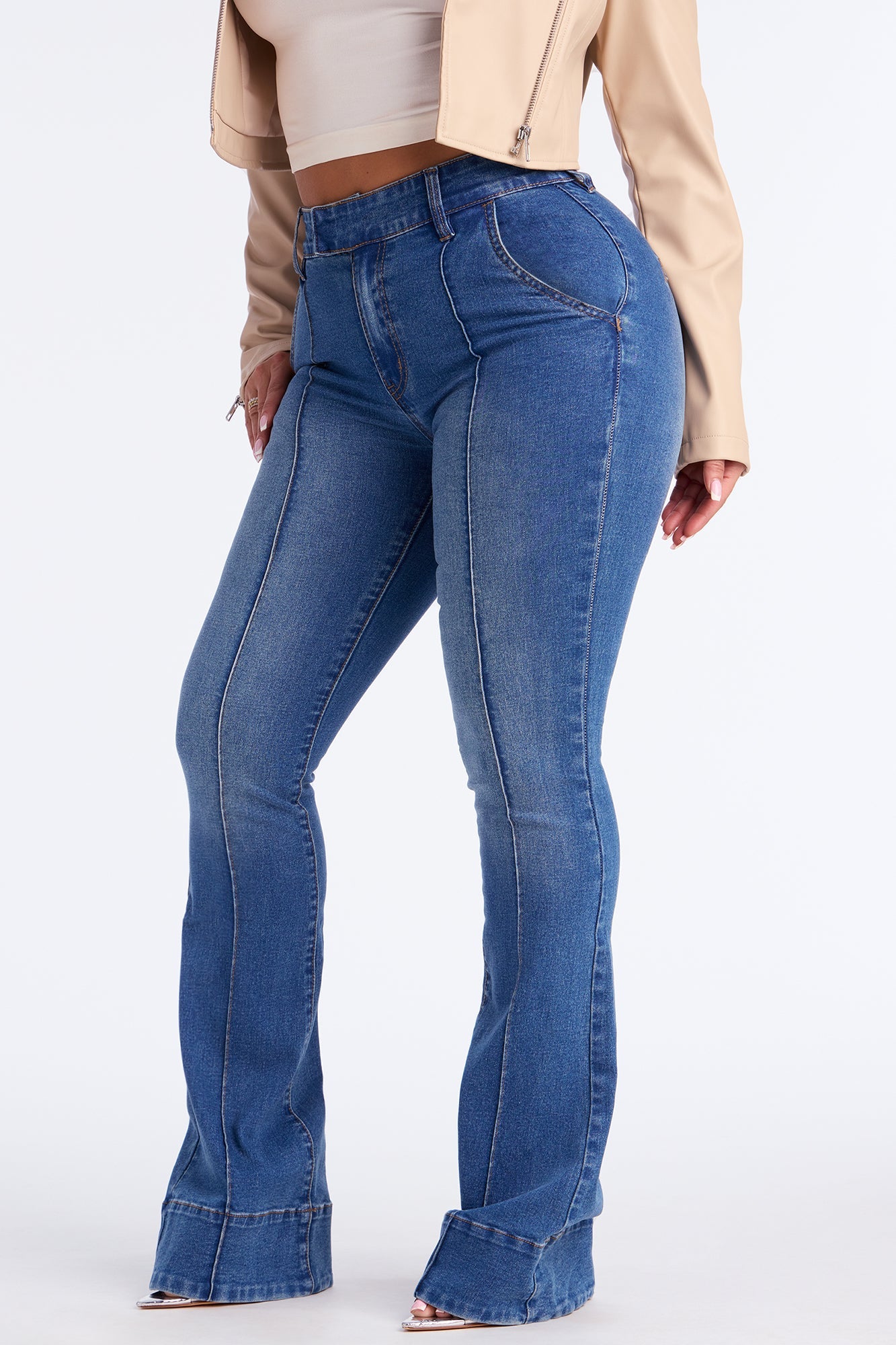 Crush On You Pintuck Flare Jeans - Medium Wash
