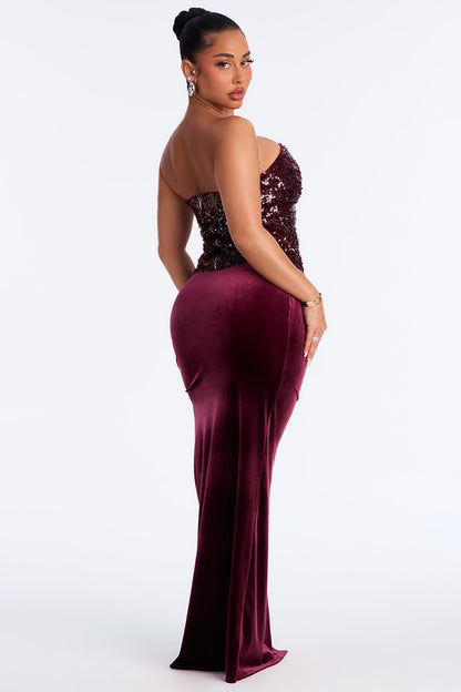 Cheers To Me Ruched High Slit Velvet Maxi Skirt - Wine