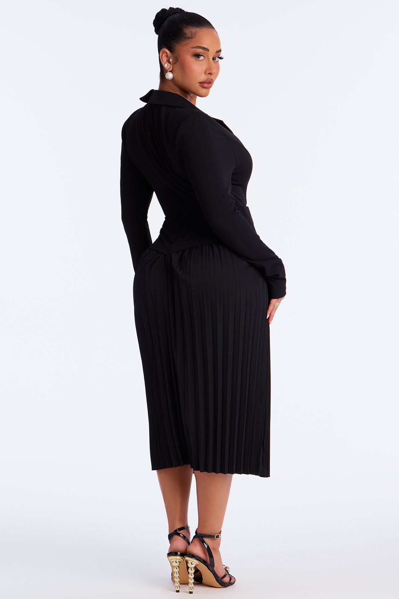 Park Avenue Pleated Crepe Knit Midi Dress - Black/Black