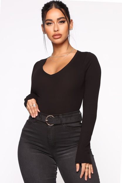 No Brainer Long Sleeve V Neck Tee - Black
