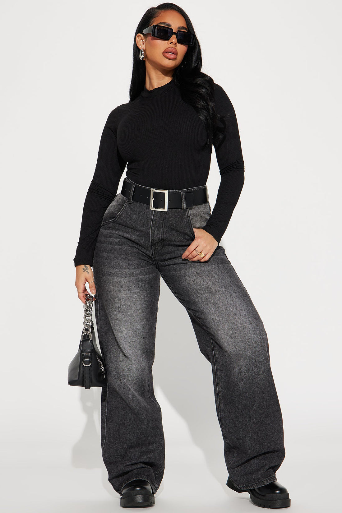 Gina Ribbed Long Sleeve Bodysuit - Black