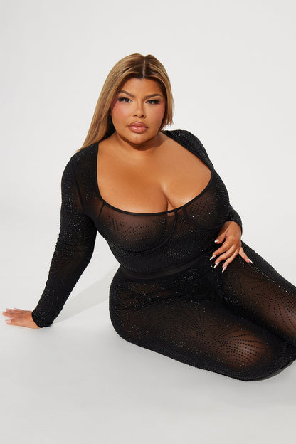 Always A Baddie Rhinestone Mesh Legging Set - Black