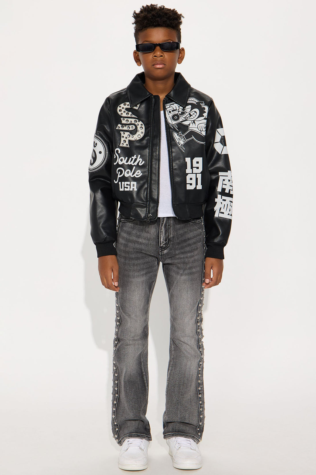 Mini Southpole Midnight Riot Faux Leather Varsity Jacket - Black