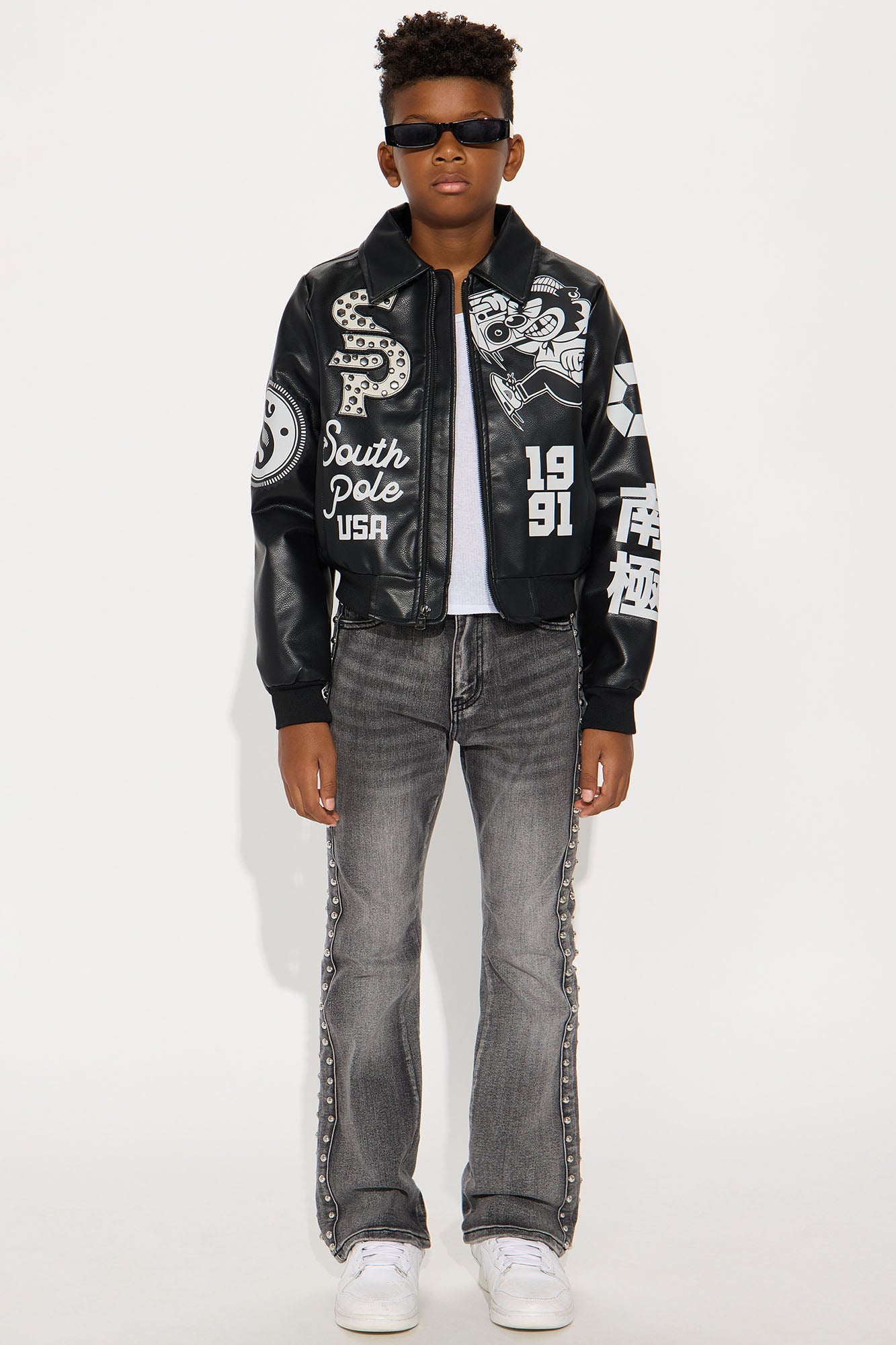 Mini Southpole Midnight Riot Faux Leather Varsity Jacket - Black