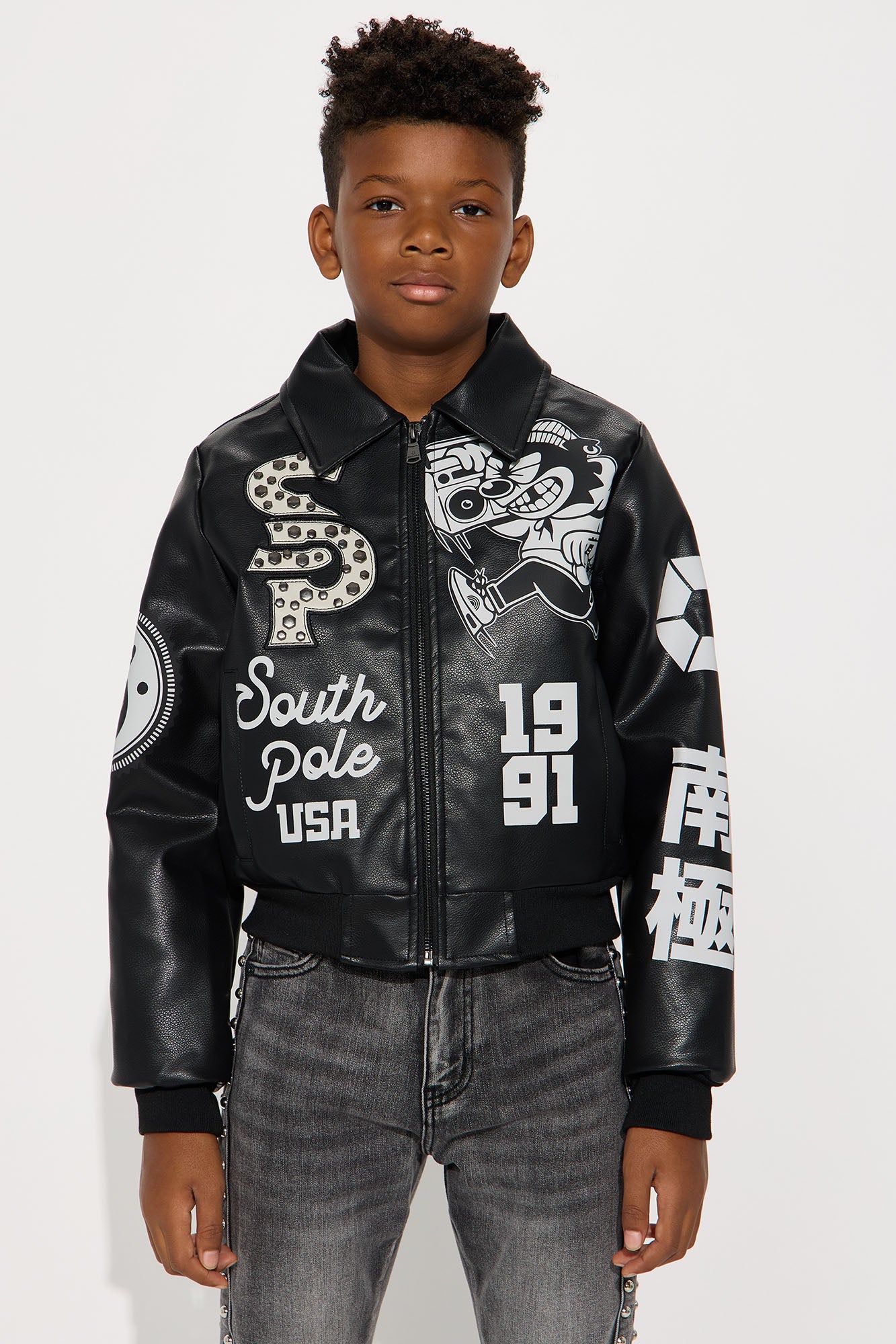 Mini Southpole Midnight Riot Faux Leather Varsity Jacket - Black