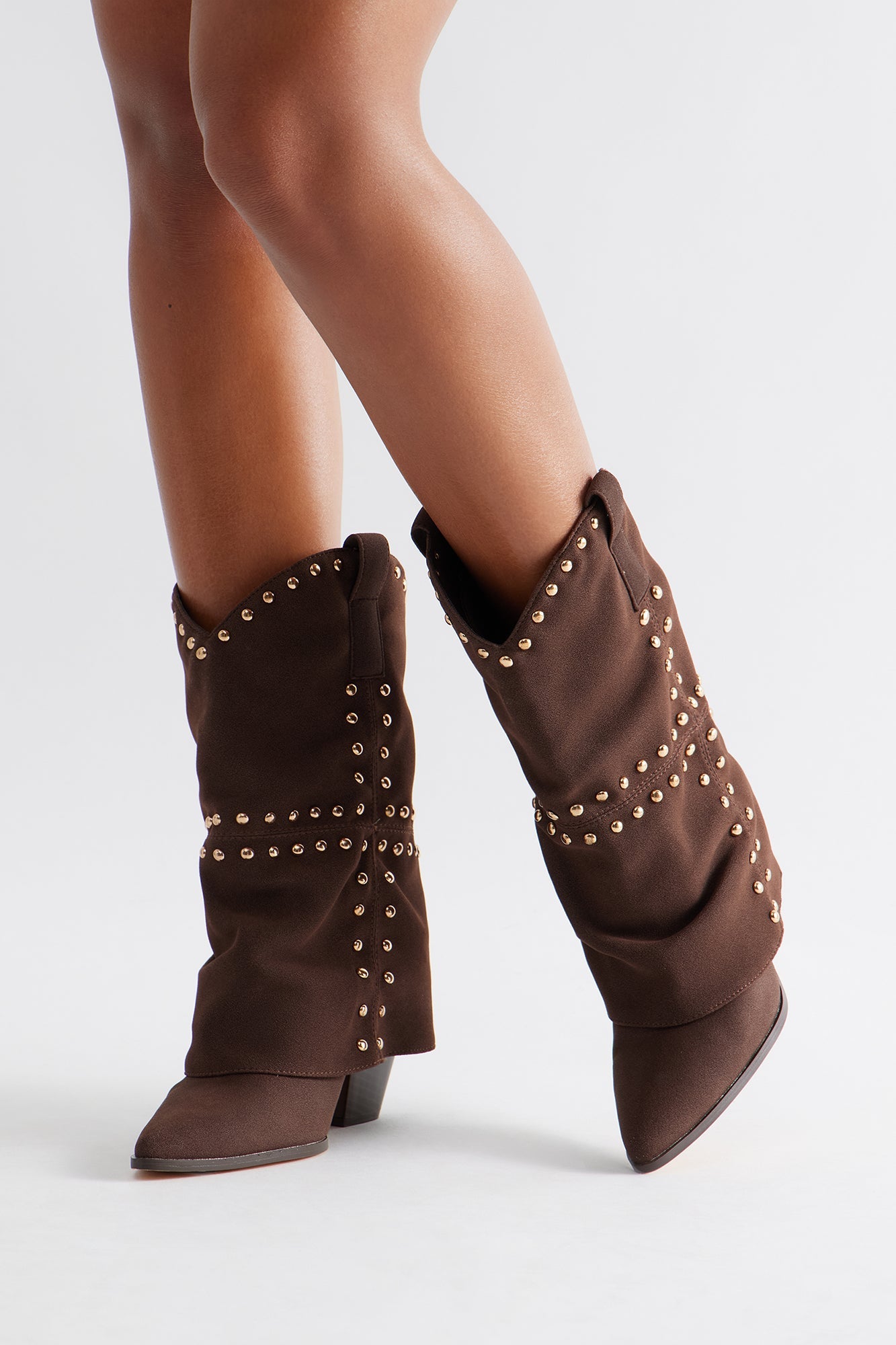 Tempe Studded Overlay Cowboy Boots - Chocolate