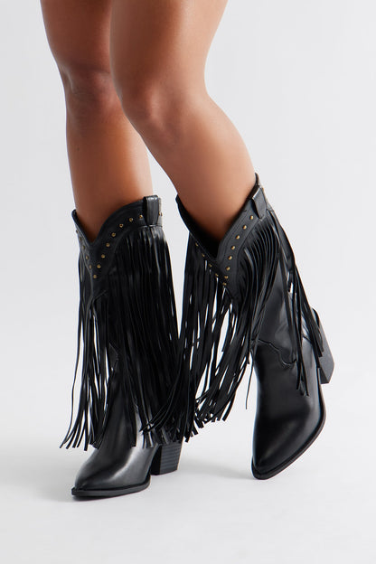 Rancher Studded Fringe Cowboy Boots - Black