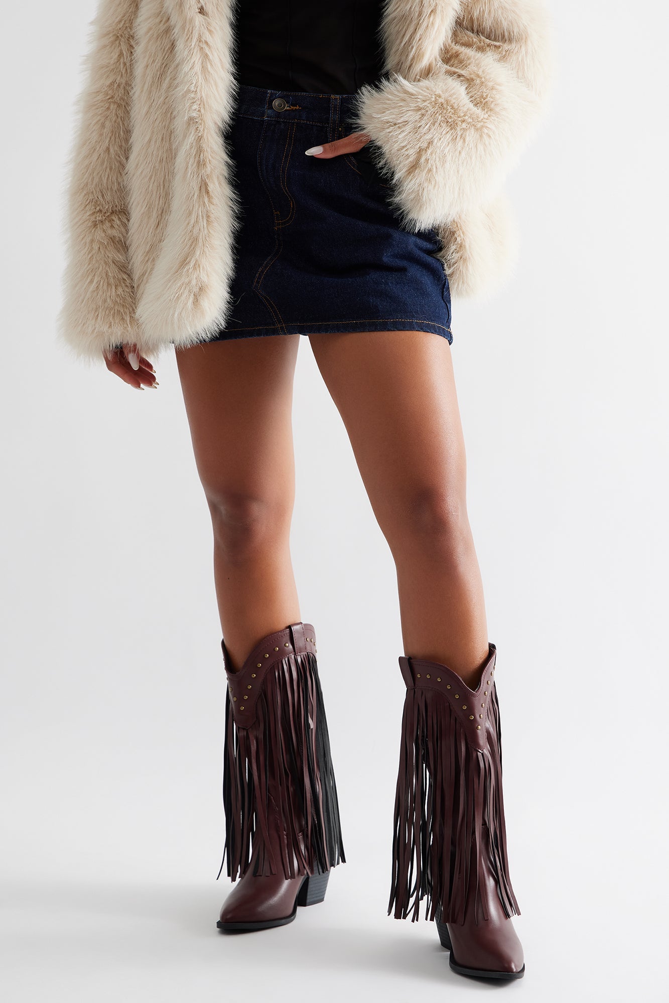 Rancher Studded Fringe Cowboy Boots - Wine