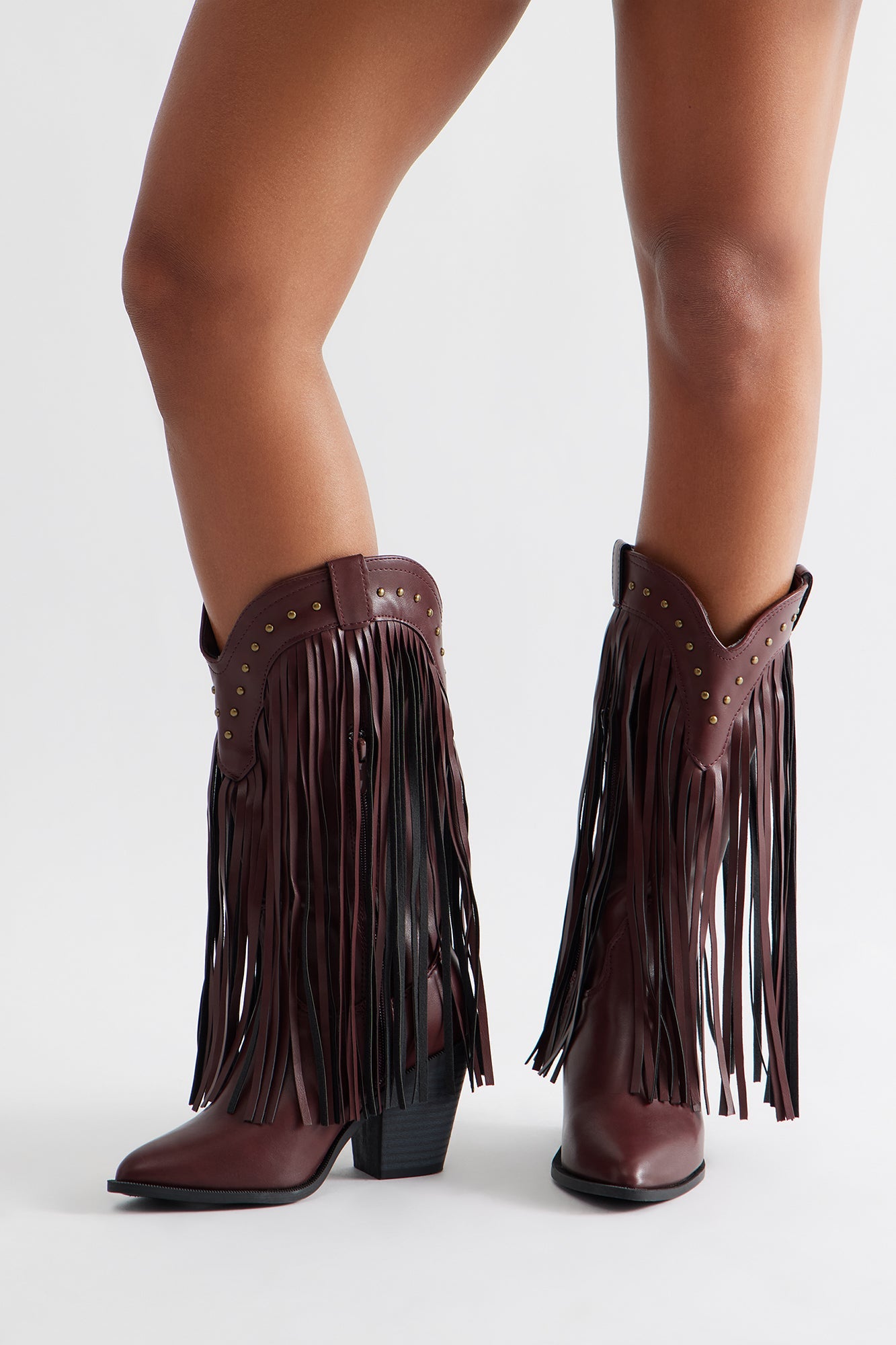 Rancher Studded Fringe Cowboy Boots - Wine