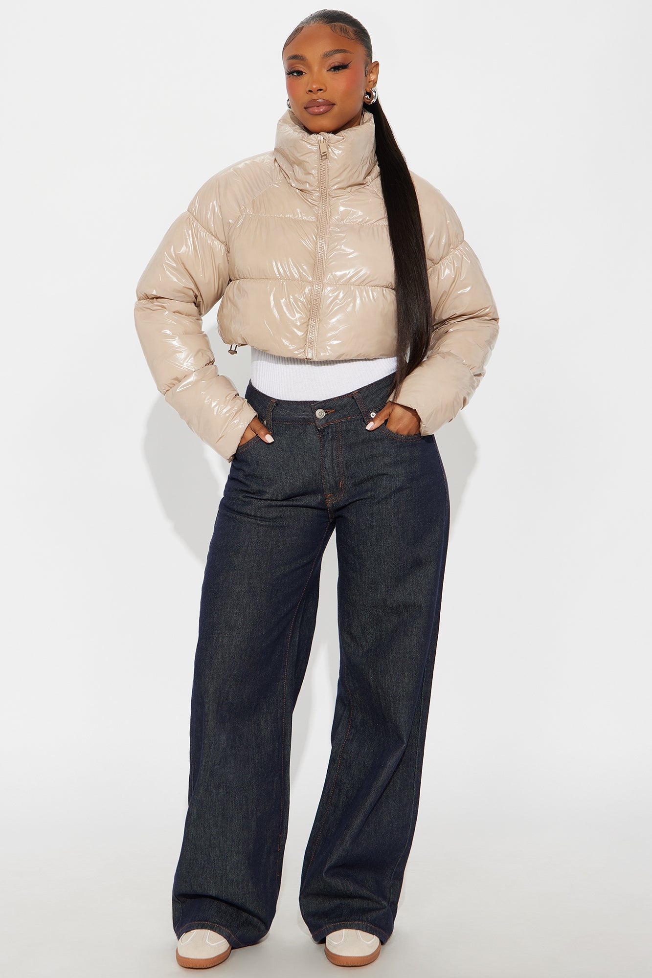 Zora Faux Patent Leather Cropped Puffer Jacket - Cream