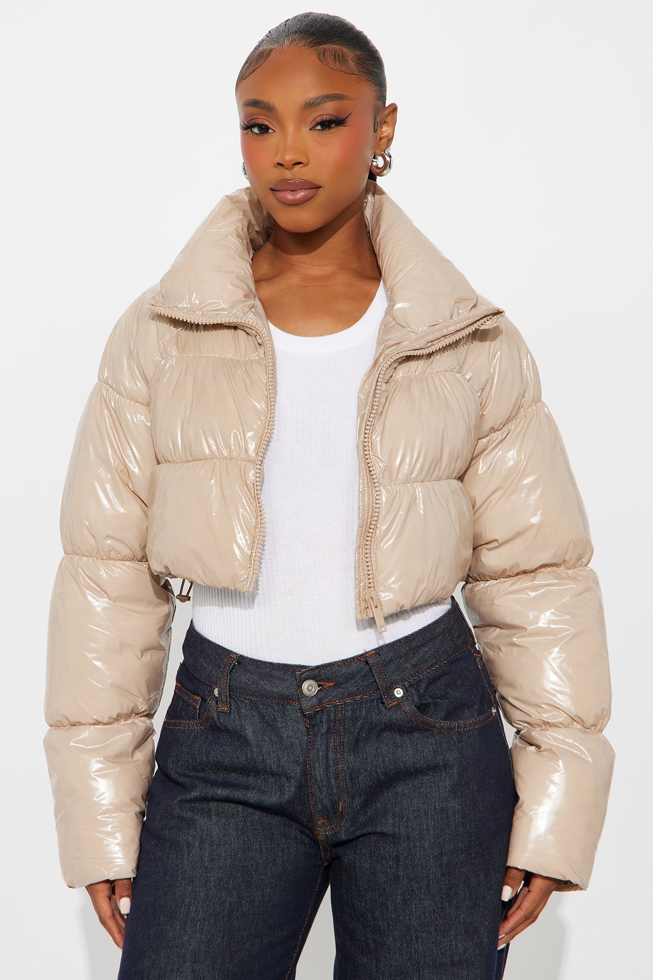 Zora Faux Patent Leather Cropped Puffer Jacket - Cream