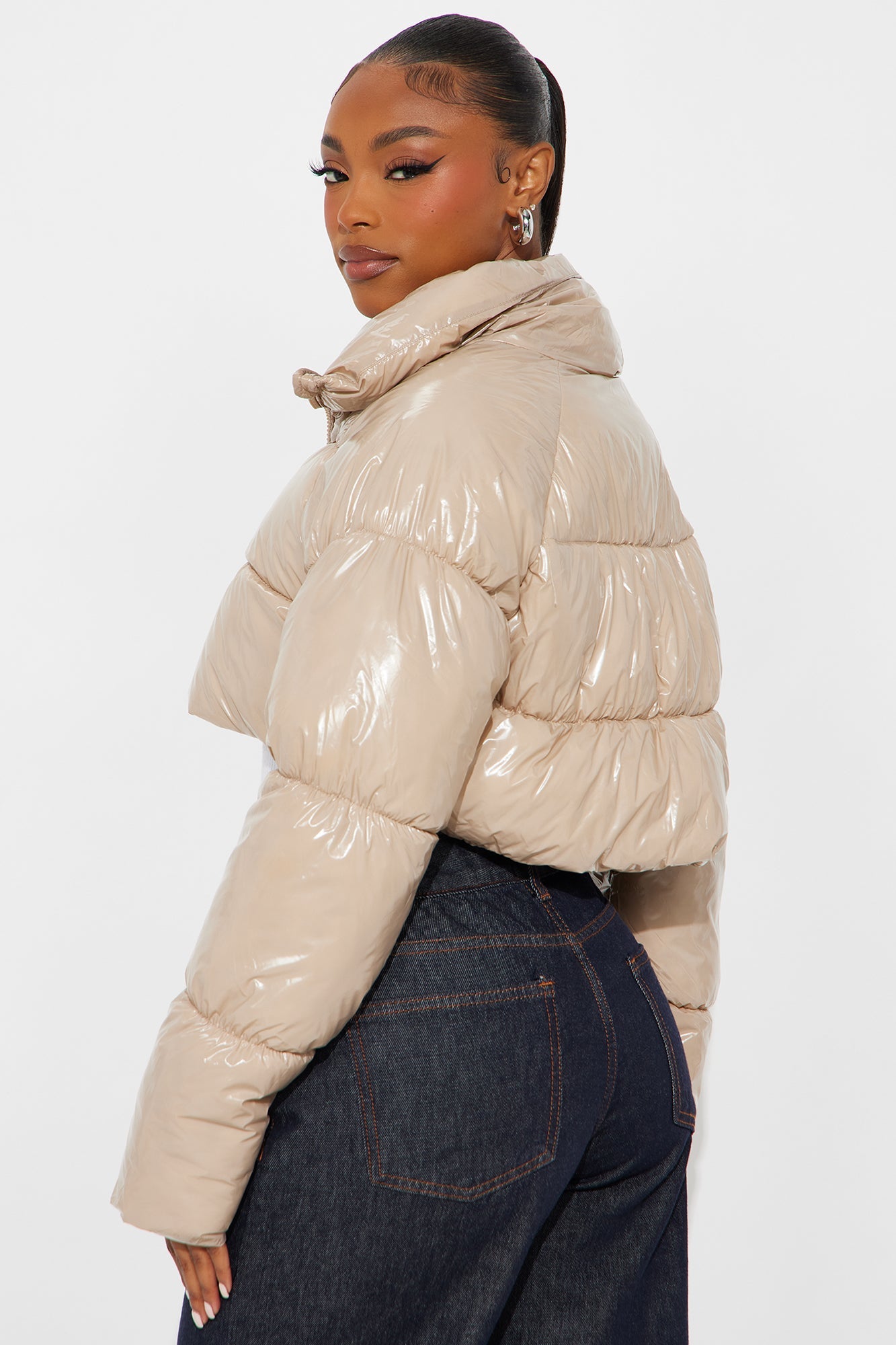 Zora Faux Patent Leather Cropped Puffer Jacket - Cream