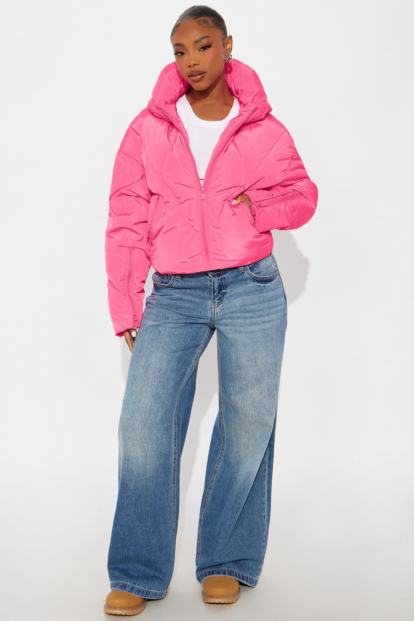 Biggest Fan Cropped Puffer Jacket - Hot Pink