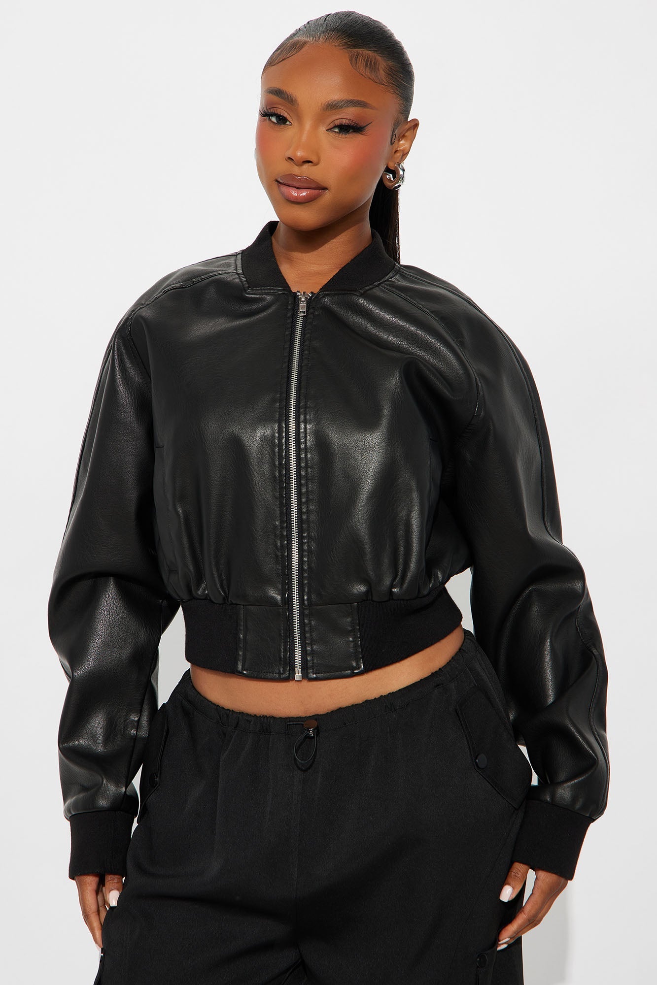 Reese Cropped Faux Leather Bomber Jacket - Black