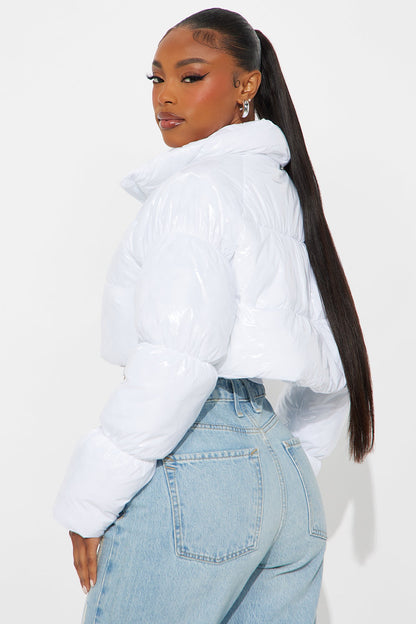 Zora Faux Patent Leather Cropped Puffer Jacket - White