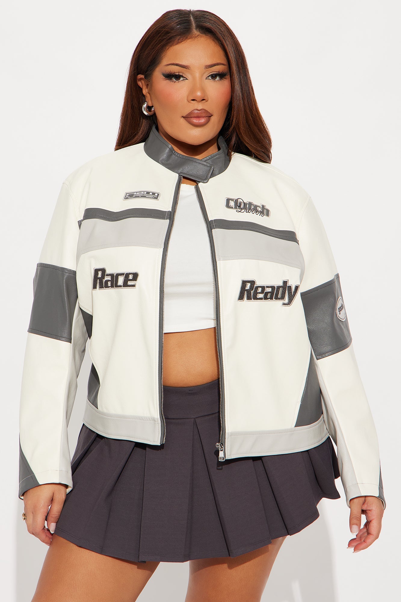 Race Ready Oversized Faux Leather Jacket - Cream/combo