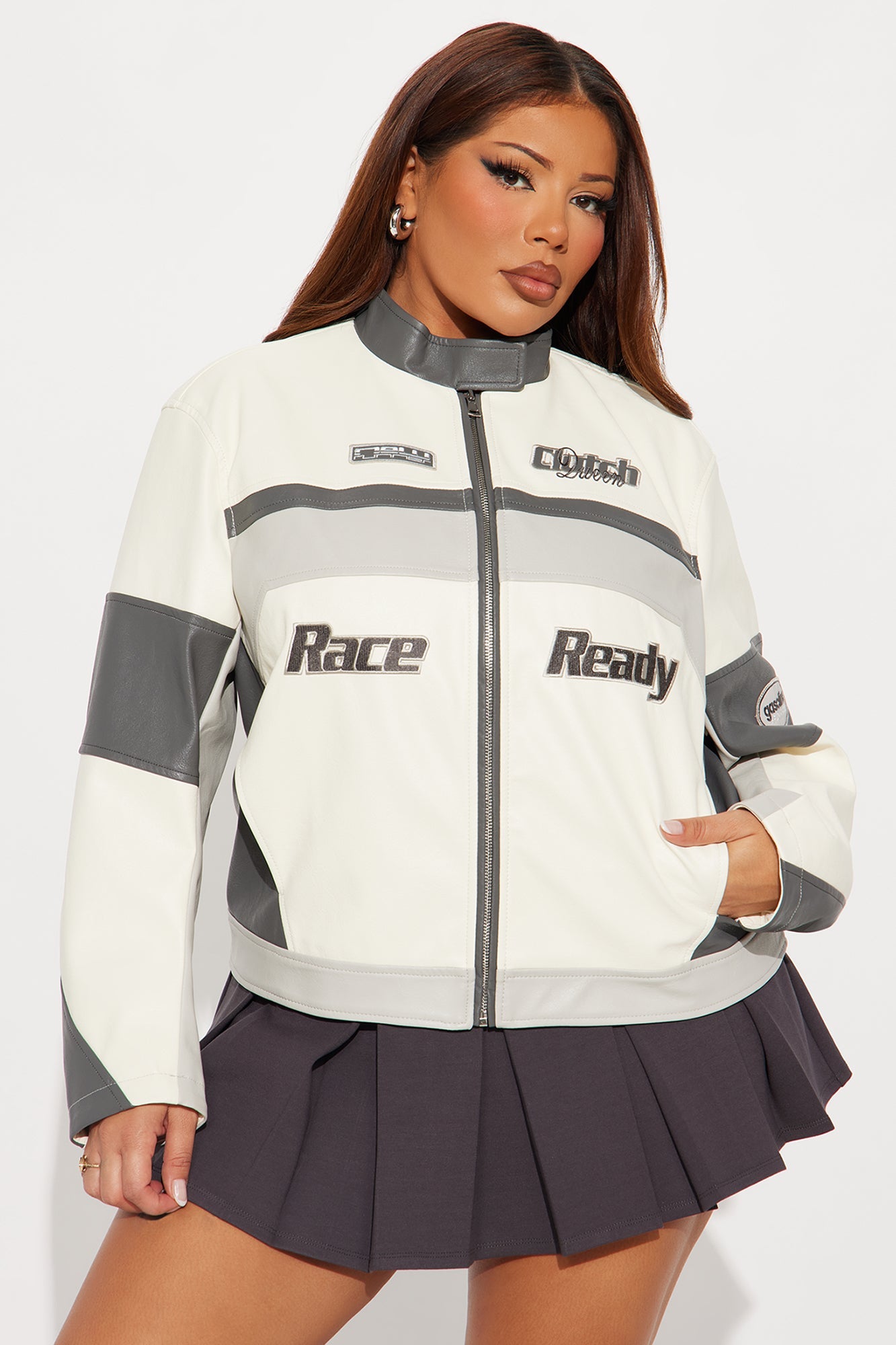 Race Ready Oversized Faux Leather Jacket - Cream/combo