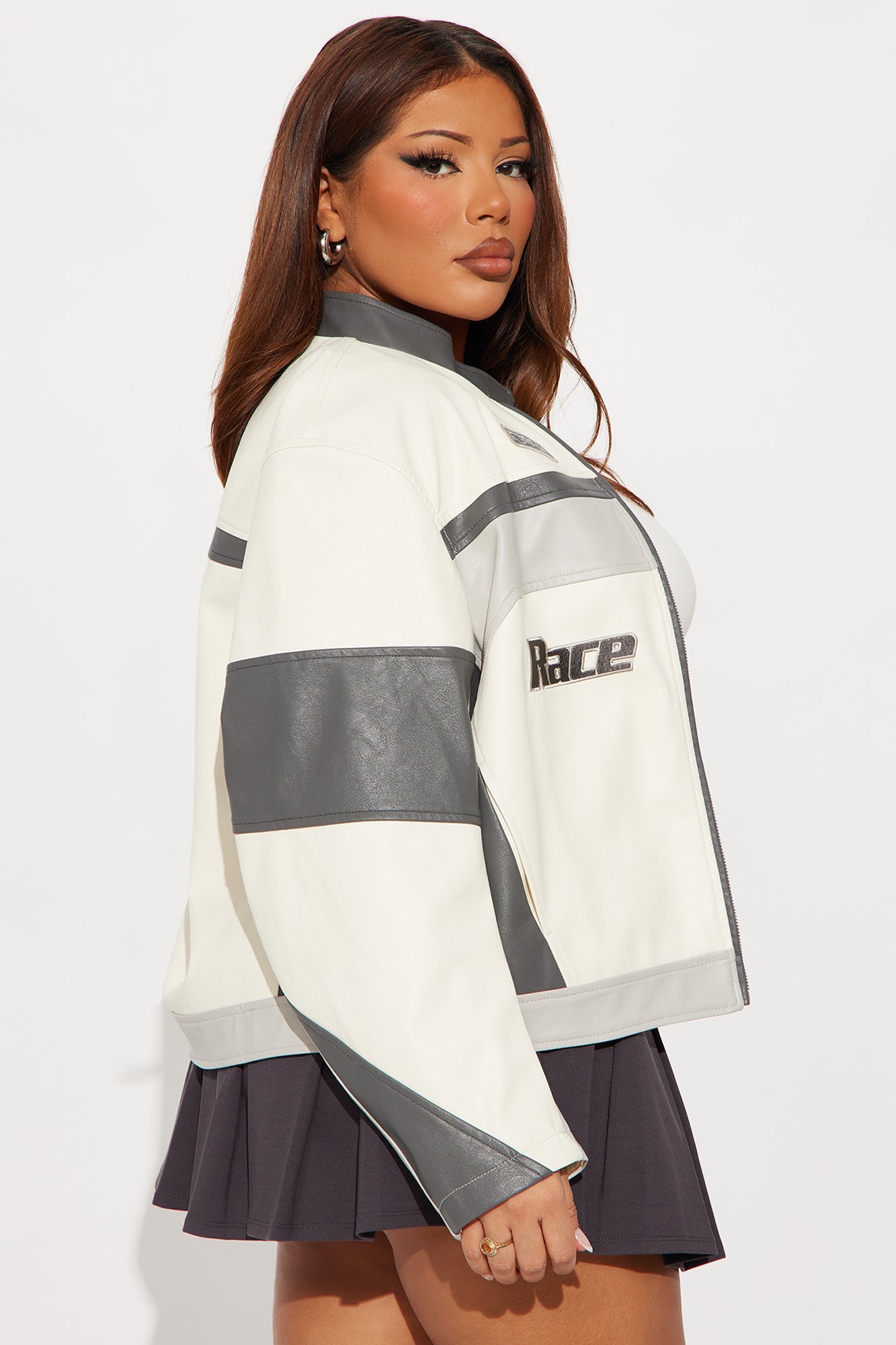 Race Ready Oversized Faux Leather Jacket - Cream/combo
