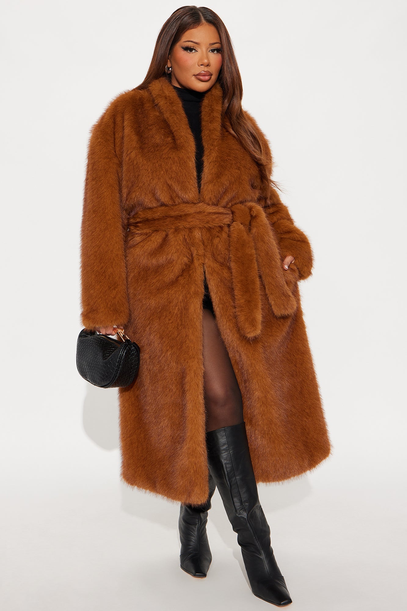 Helena Faux Fur Belted Coat - Cognac