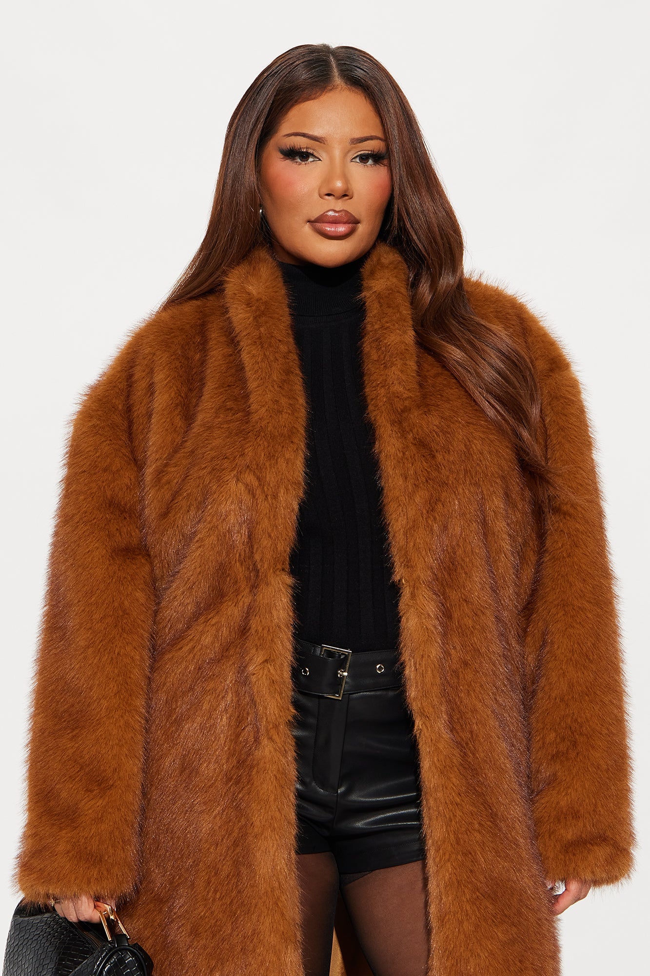 Helena Faux Fur Belted Coat - Cognac