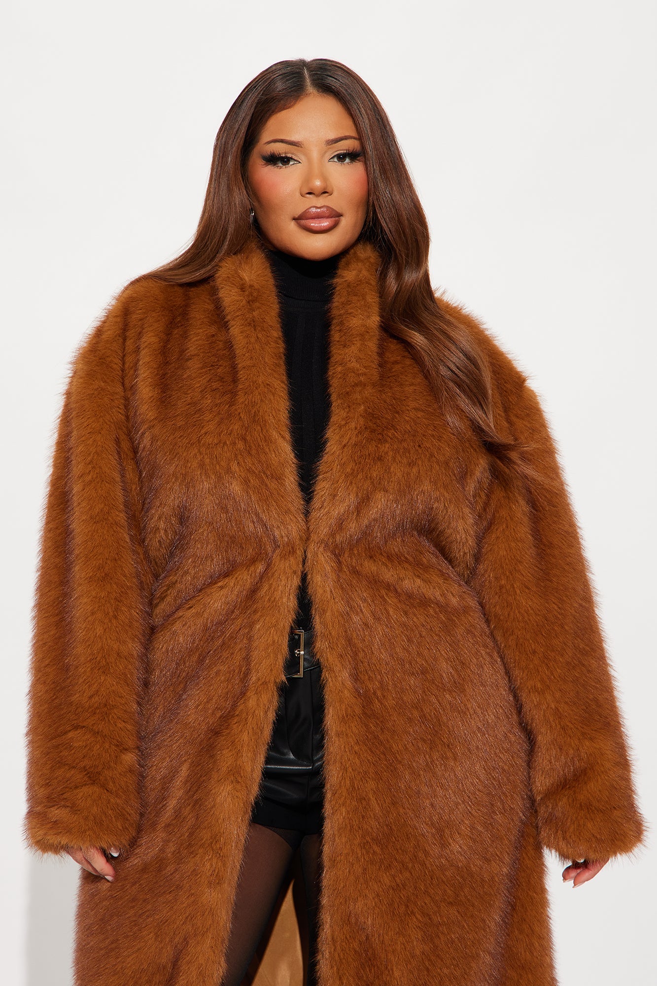 Helena Faux Fur Belted Coat - Cognac
