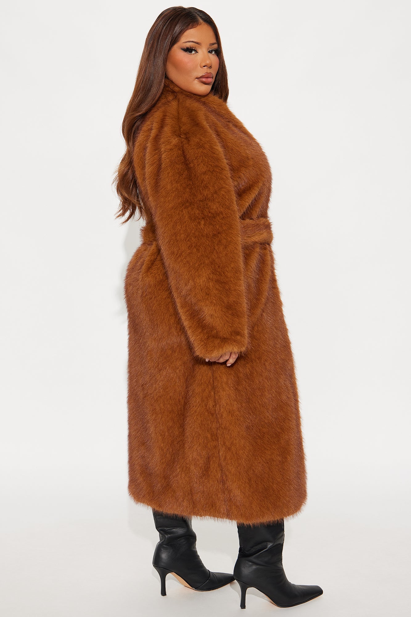 Helena Faux Fur Belted Coat - Cognac
