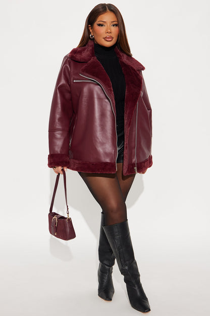 Chic Bad Ass Faux Leather Jacket - Burgundy