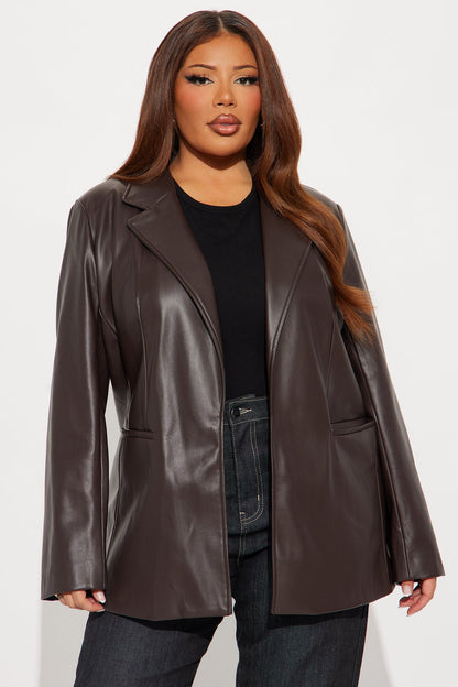 Ameli Oversized Faux Leather Blazer - Brown