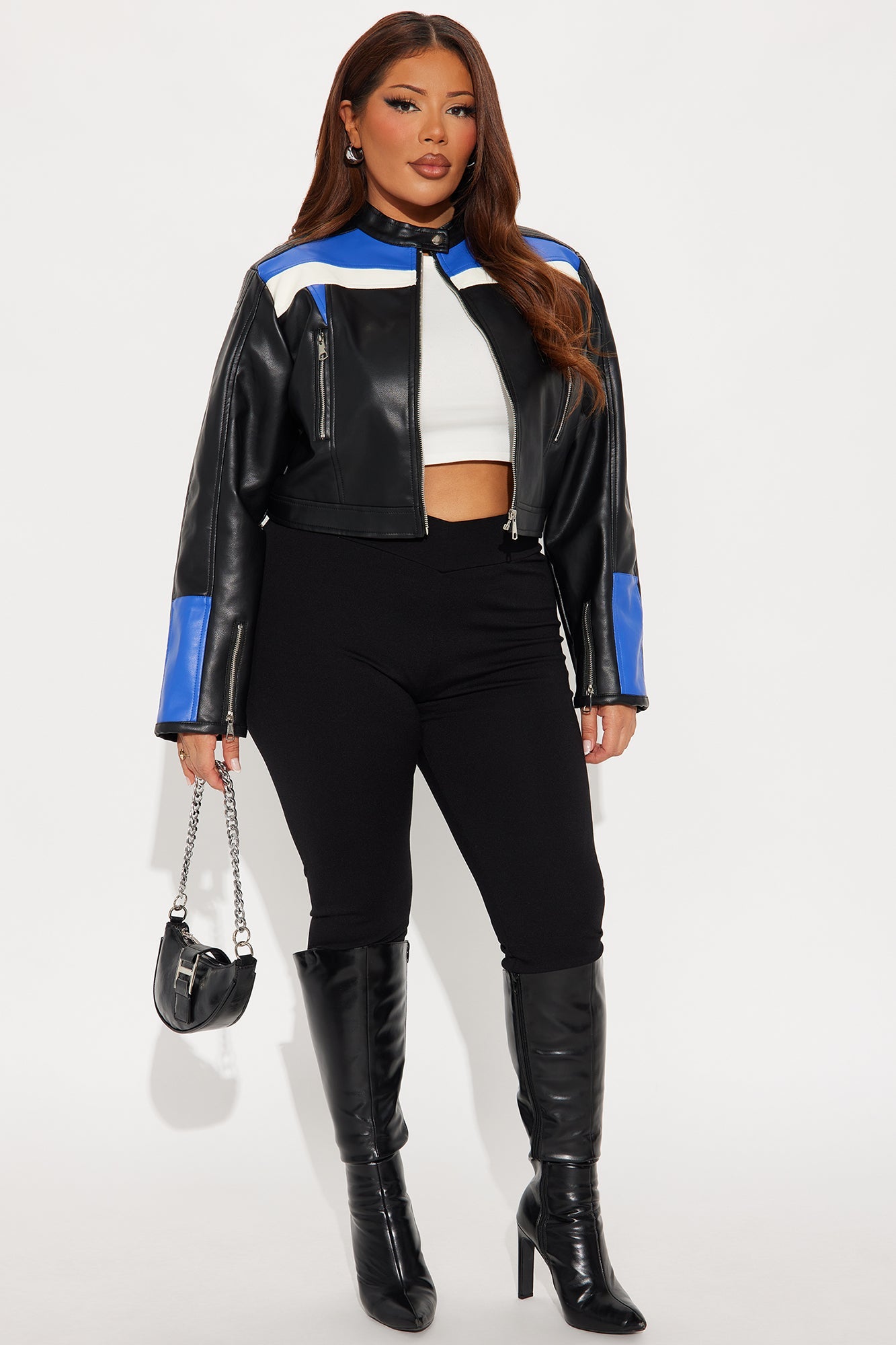 Aero Speed Cropped Faux Leather Moto Jacket - Black/combo
