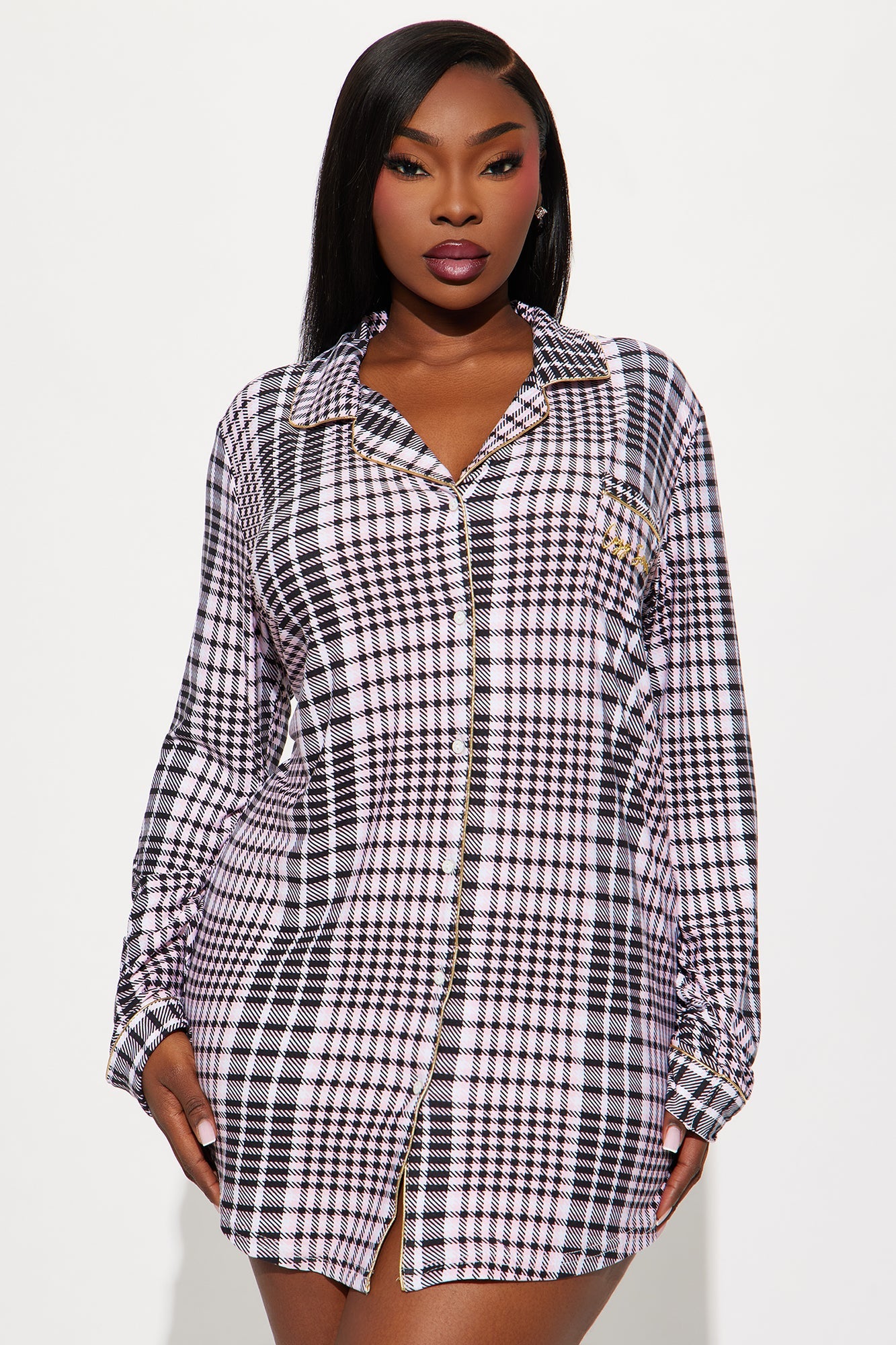 Cozy Season Embroidered Glitter Long Sleeve PJ Sleep Shirt - Pink/combo