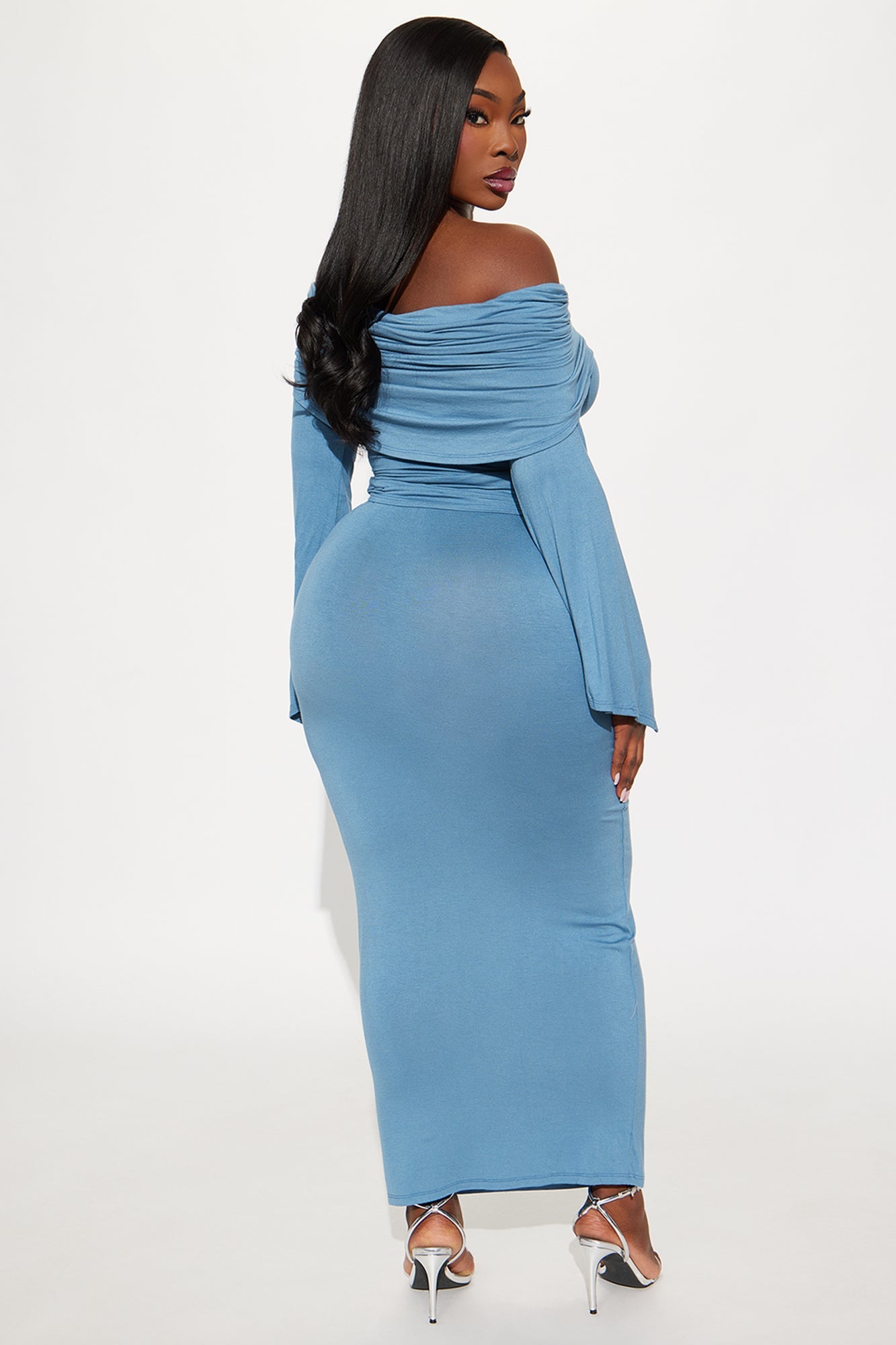 Draped In Love Off Shoulder Maxi Skirt Set - Denim