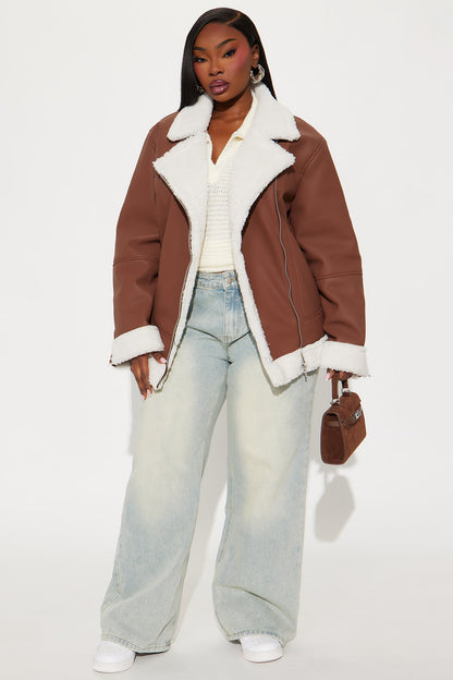 Simone Faux Leather Fur Lined Moto Jacket - Brown