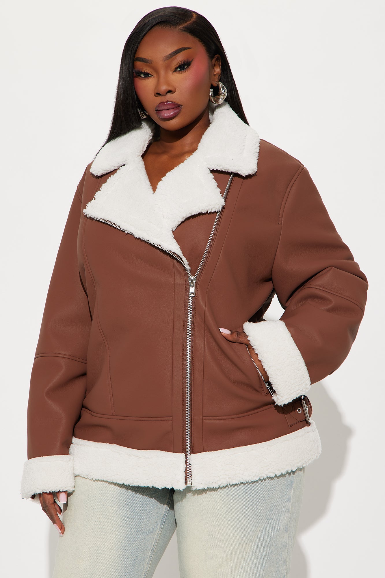Simone Faux Leather Fur Lined Moto Jacket - Brown