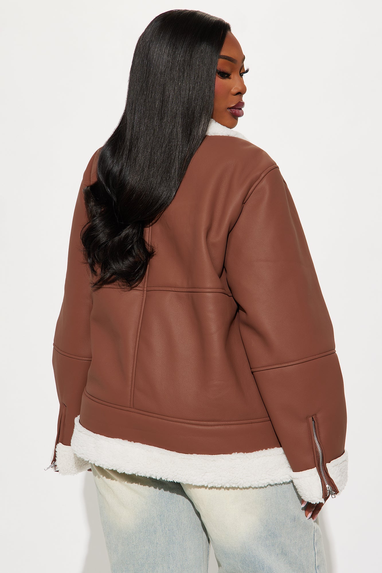 Simone Faux Leather Fur Lined Moto Jacket - Brown
