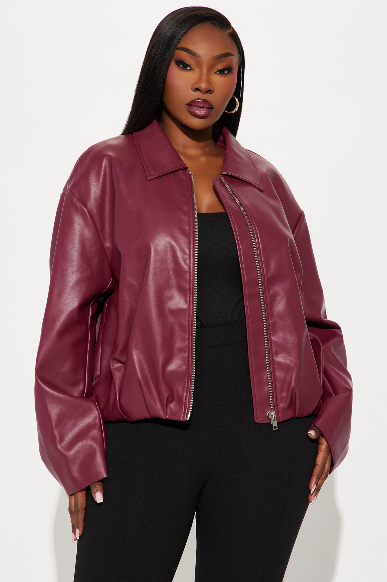 Iman It Girl Faux Leather Bomber Jacket - Burgundy