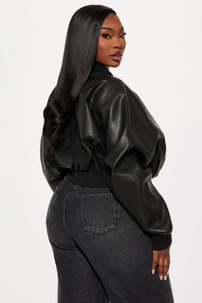 Reese Cropped Faux Leather Bomber Jacket - Black