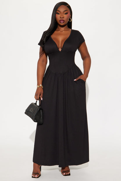Ainsley Cap Sleeve Corset Maxi Dress - Black