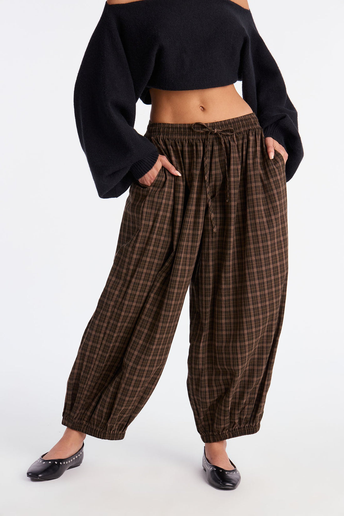 Jolene Plaid Barrel Pant - Chocolate