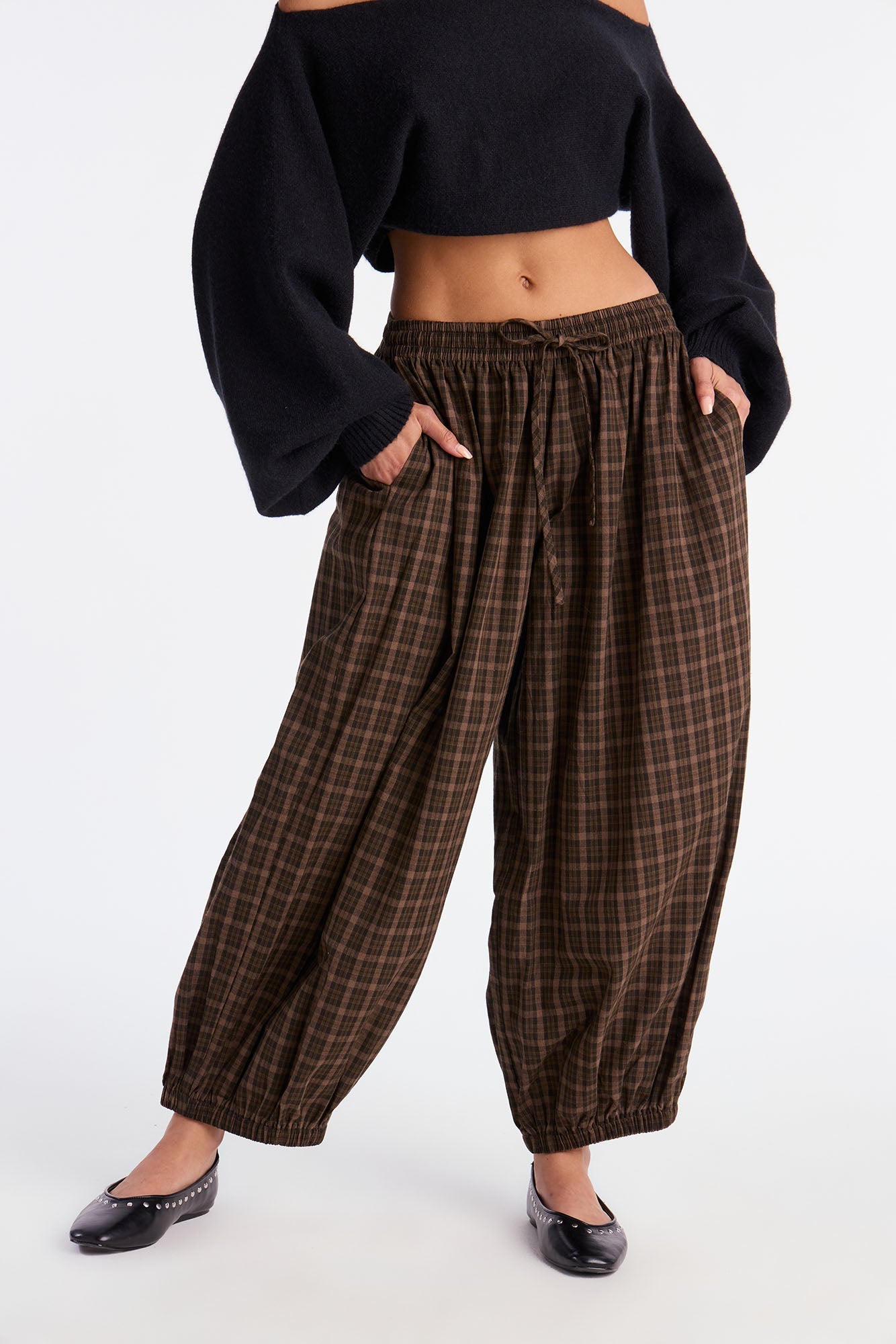 Jolene Plaid Barrel Pant - Chocolate