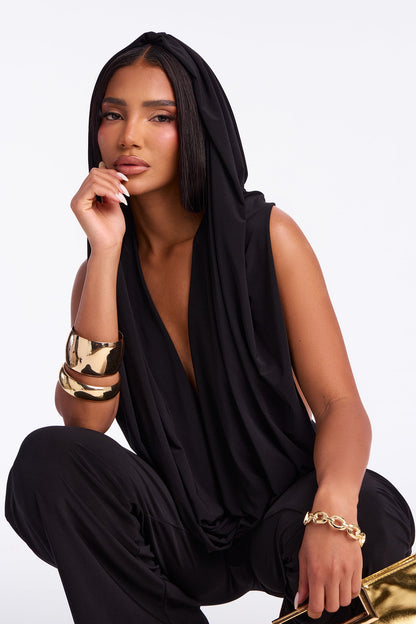 Mila Hooded Cowl Jumpsuit - Black