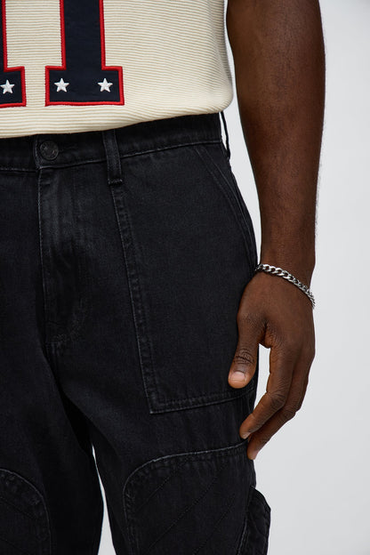 Relaxed Straight Paneled Cargo Jean - Black Wash