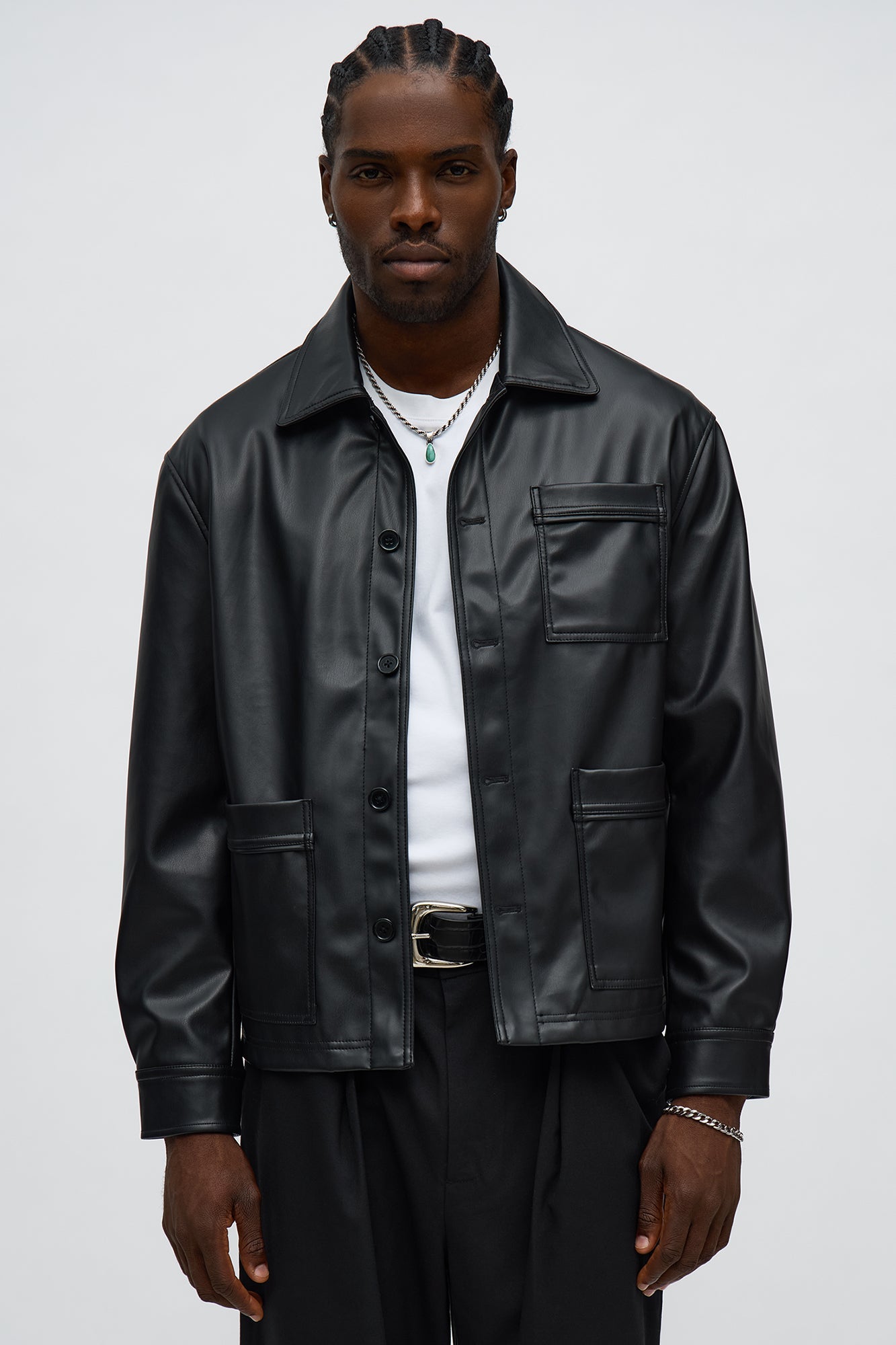 Relaxed Faux Leather Chore Jacket - Black